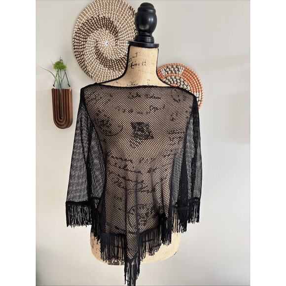 Black Vintage Mesh Fringe Kimono Shawl - Boho Witchy Goth - Picture 1 of 4